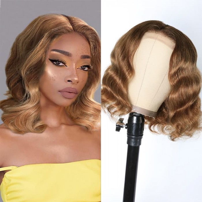 Incolorwig Ombre Honey Blonde Short Deep Wave Wig Brown Balayage 4x4 Lace Closure Highlight Wig