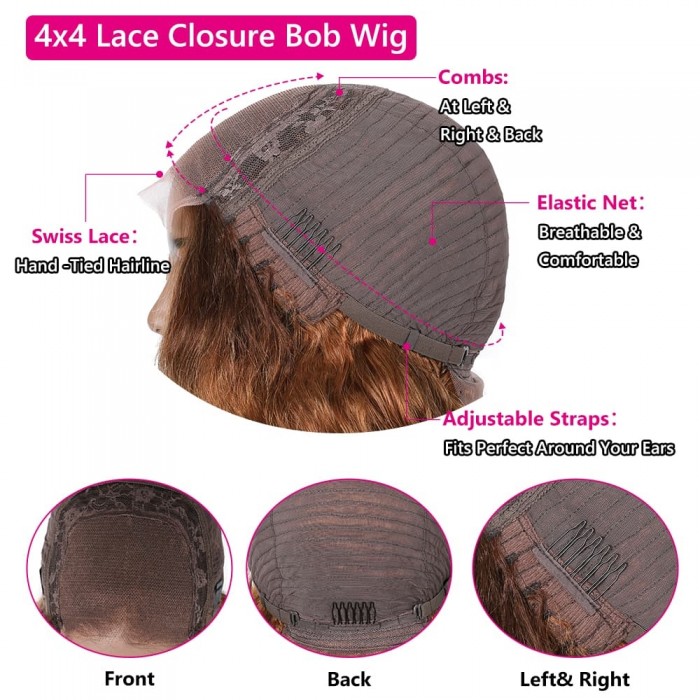 Incolorwig Ombre Honey Blonde Short Deep Wave Wig Brown Balayage 4x4 Lace Closure Highlight Wig
