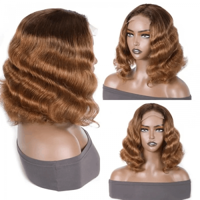Incolorwig Ombre Honey Blonde Short Deep Wave Wig Brown Balayage 4x4 Lace Closure Highlight Wig
