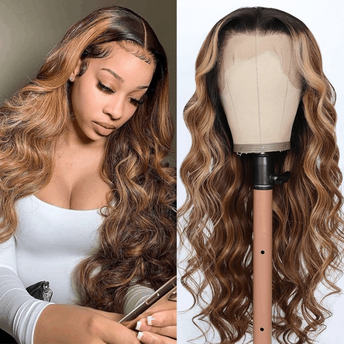 Incolorwig Chunky Brown With Blonde Highlights Lace Frontal Wigs 150% Density Eversion Type Loose Wave Wigs