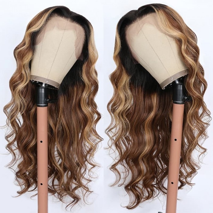 Incolorwig Chunky Brown With Blonde Highlights Lace Frontal Wigs 150% Density Eversion Type Loose Wave Wigs
