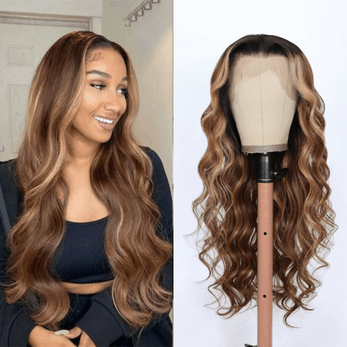 Incolorwig Chunky Brown With Blonde Highlights Lace Frontal Wigs 150% Density Eversion Type Loose Wave Wigs