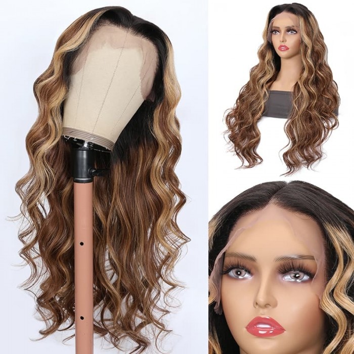 Incolorwig Chunky Brown With Blonde Highlights Lace Frontal Wigs 150% Density Eversion Type Loose Wave Wigs