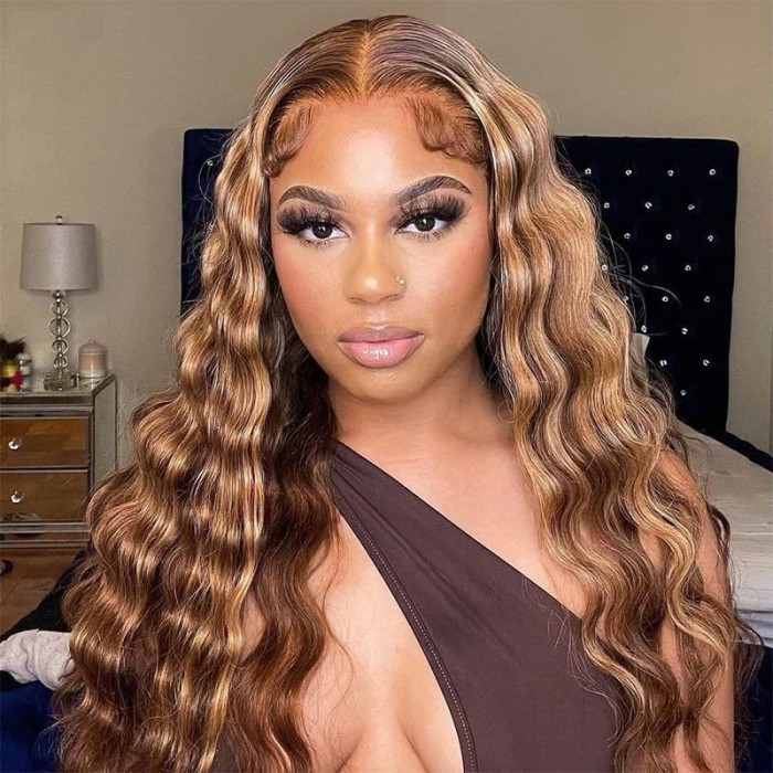 Incolorwig Chunky Brown With Blonde Highlights Lace Frontal Wigs 150% Density Eversion Type Loose Wave Wigs