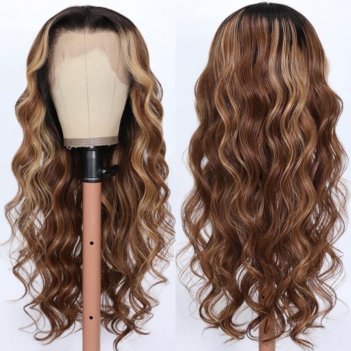 Incolorwig Chunky Brown With Blonde Highlights Lace Frontal Wigs 150% Density Eversion Type Loose Wave Wigs