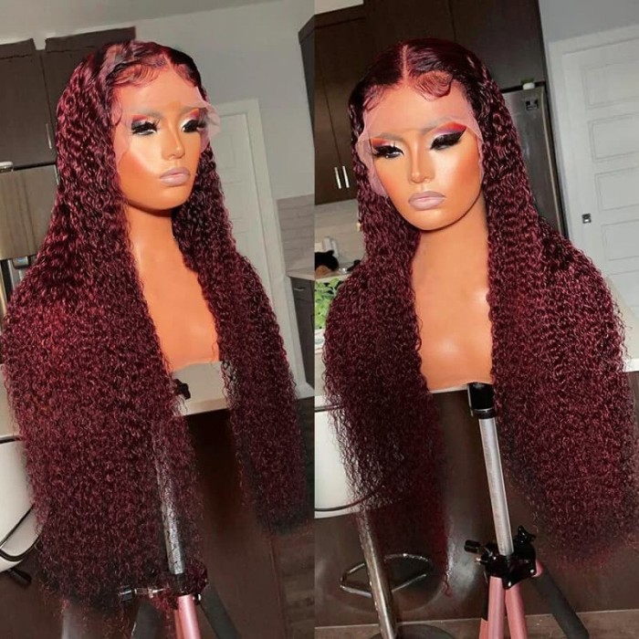 Incolorwig 99J Colored Curly Human Hair Wigs Pre Plucked Burgundy Lace Part Wigs For Women