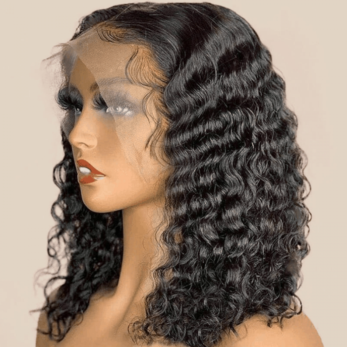 Incolorwig Short Bob Wigs Virgin Hair T Part Lace Wigs Curly Wig 150% Density Natural Black Human Hair