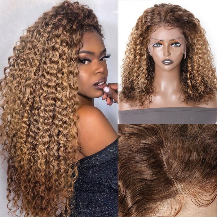 Incolorwig Water Wave Bob Wig Honey Blonde Layered 13x4 Lace Front Wigs Dark Brown Highlight Wigs