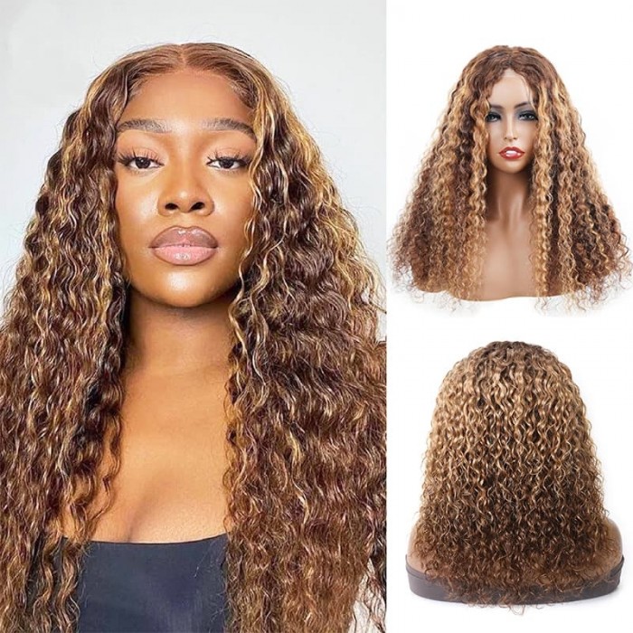 Incolorwig Water Wave Bob Wig Honey Blonde Layered 13x4 Lace Front Wigs Dark Brown Highlight Wigs