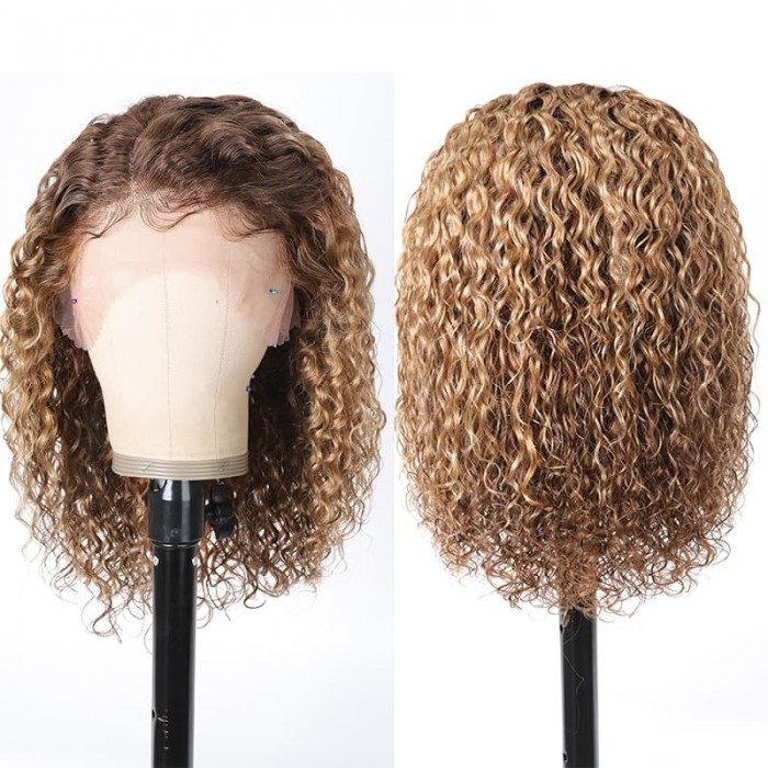 Incolorwig Water Wave Bob Wig Honey Blonde Layered 13x4 Lace Front Wigs Dark Brown Highlight Wigs
