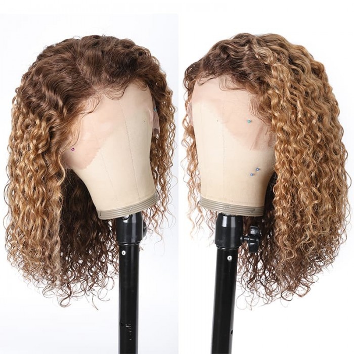 Incolorwig Water Wave Bob Wig Honey Blonde Layered 13x4 Lace Front Wigs Dark Brown Highlight Wigs