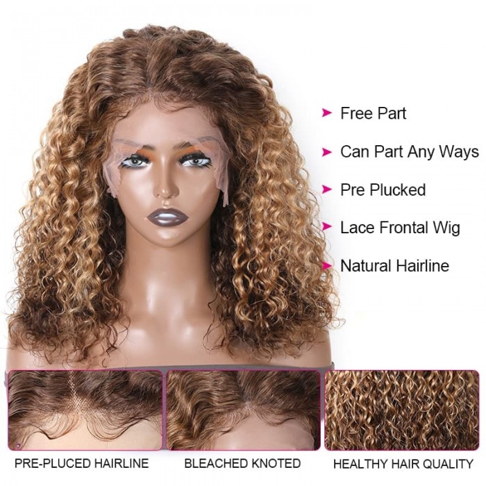 Incolorwig Water Wave Bob Wig Honey Blonde Layered 13x4 Lace Front Wigs Dark Brown Highlight Wigs