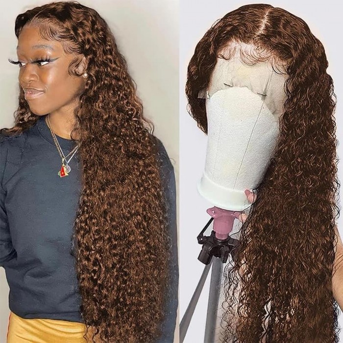 Incolorwig #4 Chocolate Brown Jerry Curly Human Hair Wigs Dark Brown Lace Part Wig
