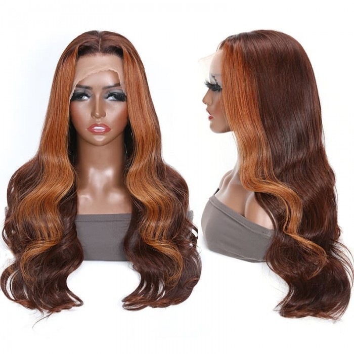 Incolorwig Body Wave 13*4 Lace Front Wig Pre Plucked Money Piece Dark Brown With Face Frame Highlight Wigs