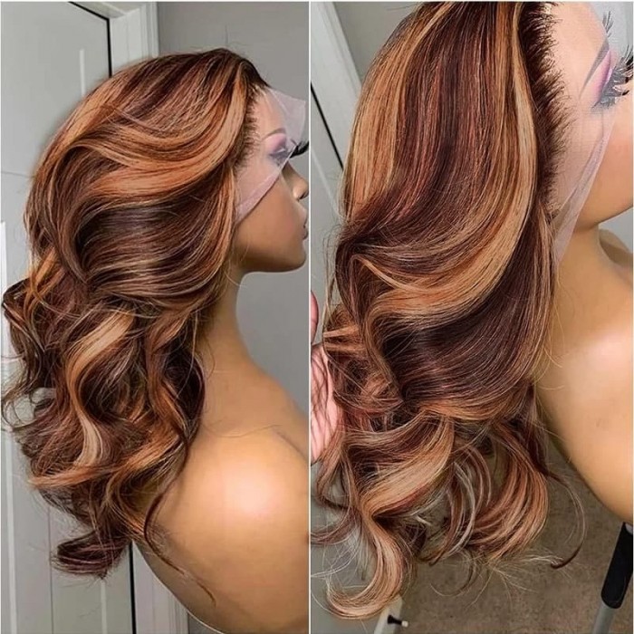 Incolorwig Body Wave 13*4 Lace Front Wig Pre Plucked Money Piece Dark Brown With Face Frame Highlight Wigs