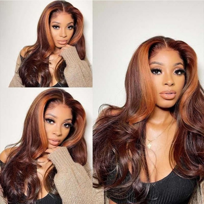 Incolorwig Body Wave 13*4 Lace Front Wig Pre Plucked Money Piece Dark Brown With Face Frame Highlight Wigs