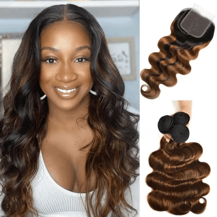 Incolorwig Balayage Highlights Color 4x4 Lace Closure With 3 Bundles Body Wave Virgin Hair