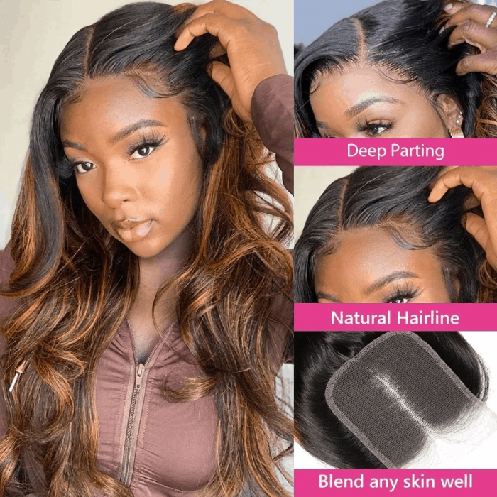 Incolorwig Balayage Highlights Color 4x4 Lace Closure With 3 Bundles Body Wave Virgin Hair