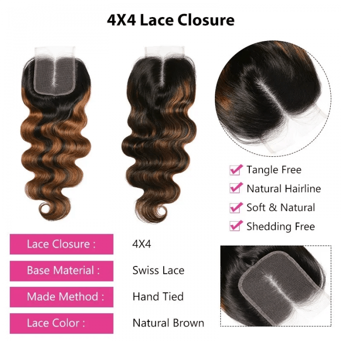 Incolorwig Balayage Highlights Color 4x4 Lace Closure With 3 Bundles Body Wave Virgin Hair