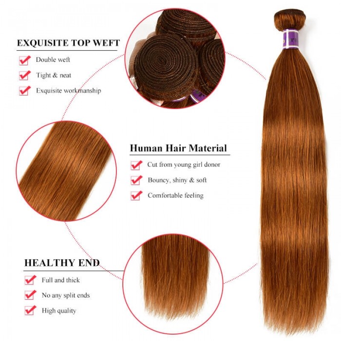Incolorwig Virgin #30 Dark Brown Straight Brazilian 4 Bundles Human Hair Weave