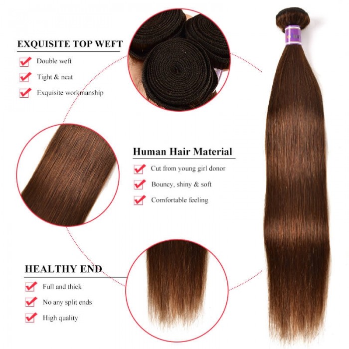 Incolorwig #4 Medium Brown Straight Virgin Brazilian Human Hair Weave 3 Bundles