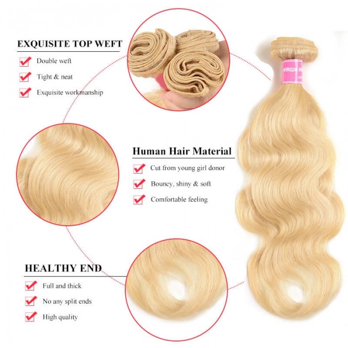 Incolorwig Soft Peruvian Virgin Human Hair # 613 Blonde Body Wave Hair Weaves 3 Bundles
