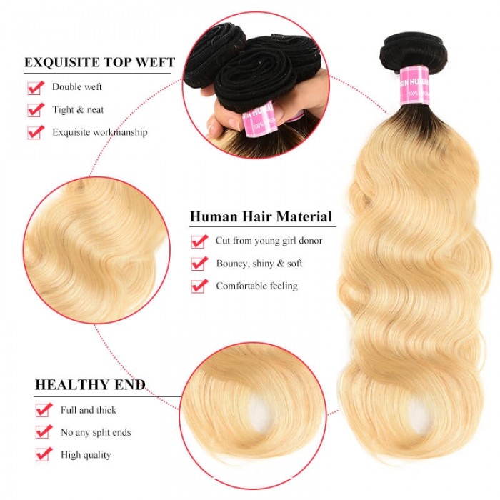 Incolorwig Peruvian Virgin Body Wave Hair Weave 3 Bundles #T1B613 Ombre Blonde Human Hair Weave