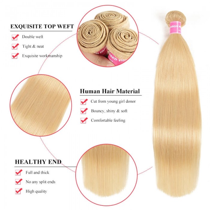 Incolorwig 100% Brazilian Human Hair # 613 Blonde Straigh Hair Weaves 3 Bundles