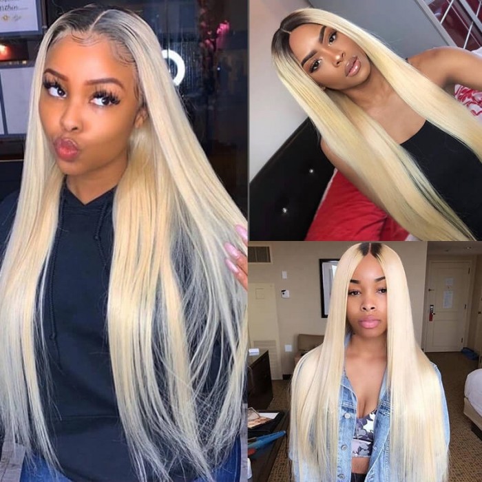 Incolorwig Hand-picked Peruvian Virgin Straight Hair Weave 3 Bundles #T1B613 Ombre Blonde Human Hair Weave