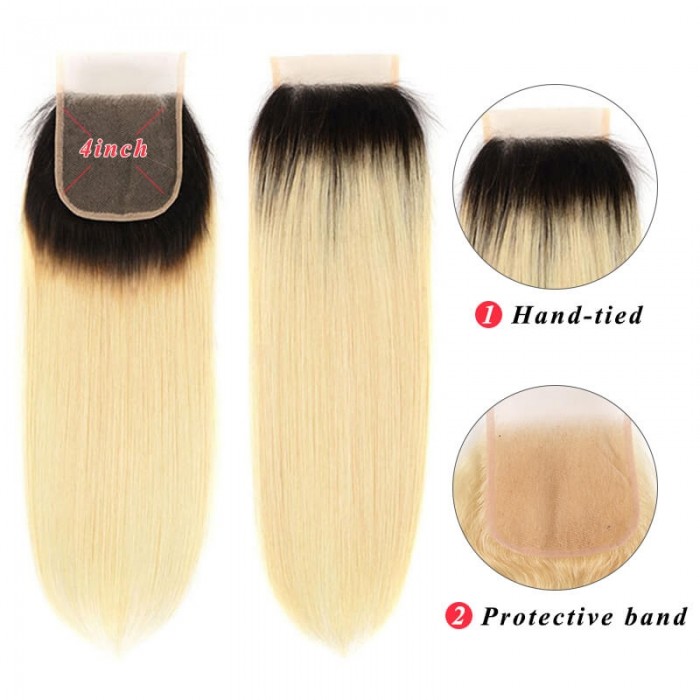 Incolorwig New #T1B613 Blonde Brazilian Free Part 4*4 Straight Human Hair Lace Closure