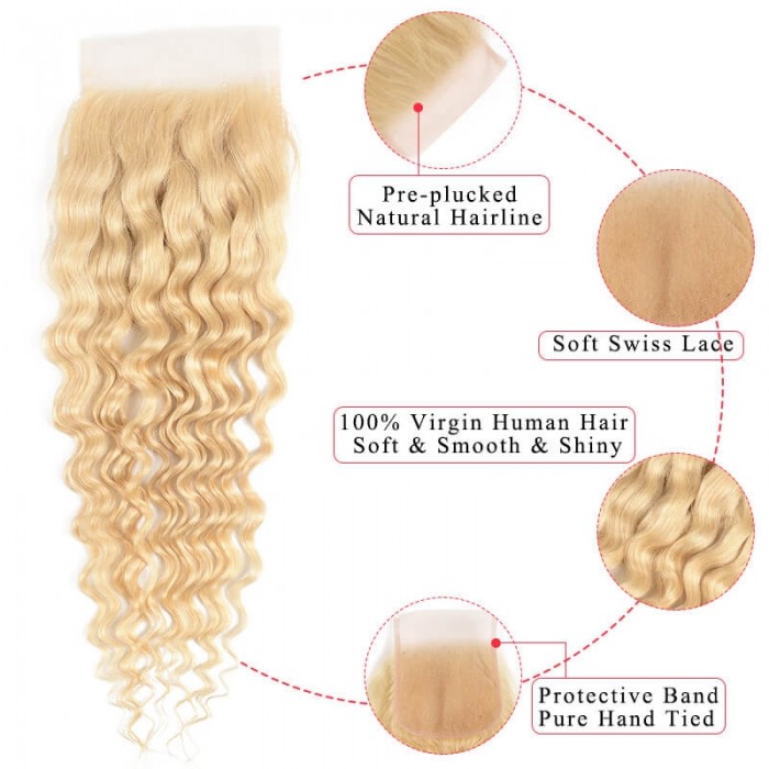 Incolorwig #613 Blonde Deep Wave Brazilian 4 Bundles Hair With 4*4 Lace Closure Free Part For Women