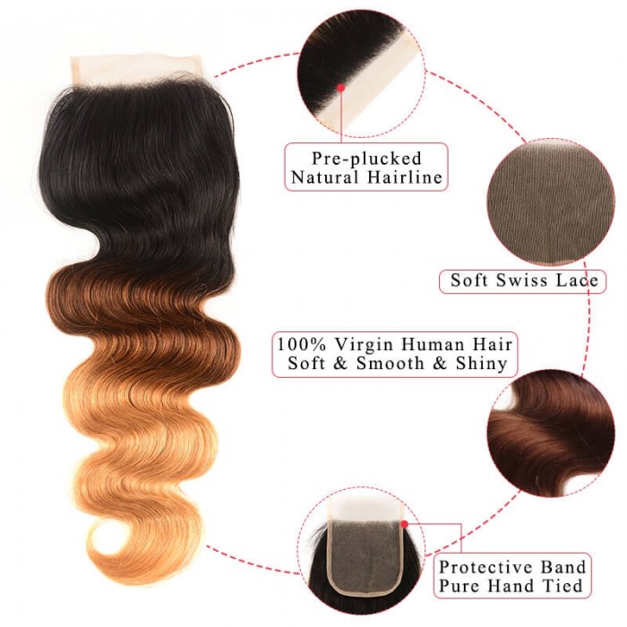 Incolorwig New Arrival #T1B427 Ombre Body Wave Ombre Color 3 Bundles With 4*4 Lace Closure Free Part