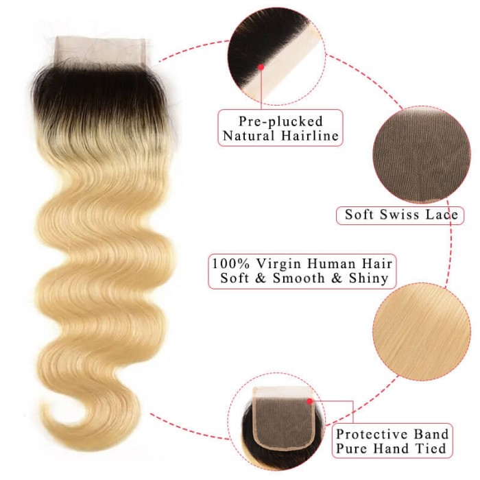 Incolorwig Peruvian #T1B613 Ombre Blonde Body Wave 3 Bundles With 4*4 Free Part Lace Closure