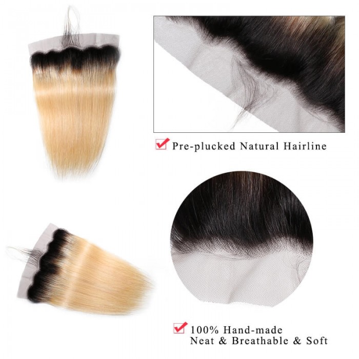 Incolorwig #T1B613 Ombre Color Staight Indian 4 Bundles Hair With 13*4 Free Part Lace Frontal