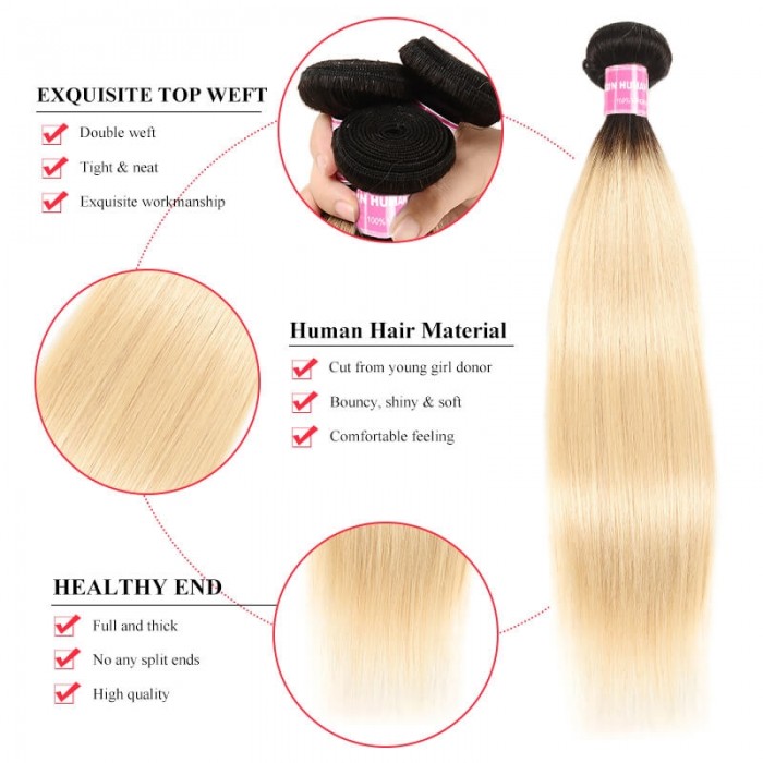 Incolorwig Selected Brazilian Human Hair Weave 3 Bundles #T1B613 Ombre Blonde Straight Hair