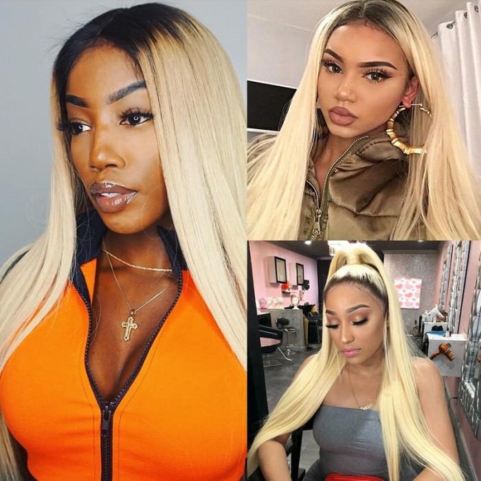 Incolorwig New Arrival Peruvian Human Hair Combination #T1B613 Ombre Blonde Straight Hair 3 Bundles With 4*4 Lace Closure