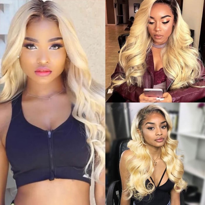 Incolorwig Peruvian #T1B613 Ombre Blonde Body Wave 3 Bundles With 4*4 Free Part Lace Closure