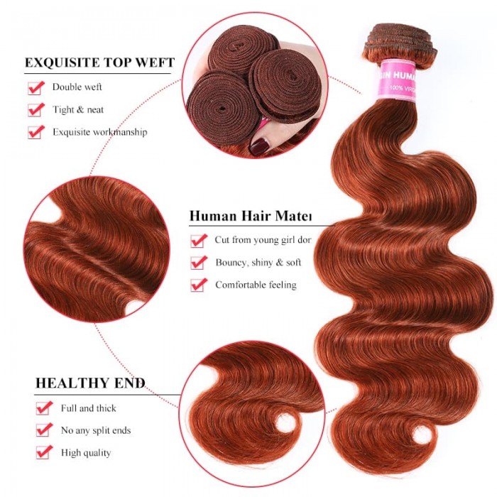 Incolorwig 100% Peruvian Human Hair Pre-colored #350 Color Ginger Weave Body Wave 4 Bundles Weave