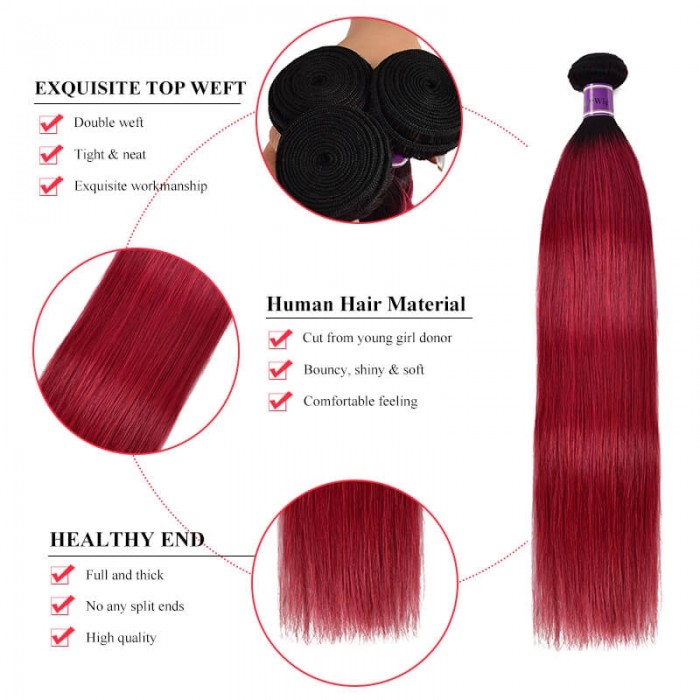 Incolorwig Peruvian Human Hair Weave #TB Burgundy 4 Bundles Straight Human Hair Weave