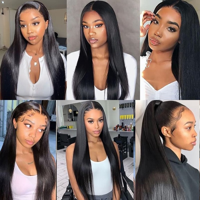 Incolorwig 150% Density Lace Parting Wig Middle Part Human Hair Wig 13*4 Lace Frontal Straight Hair Wig Natural Black Wig