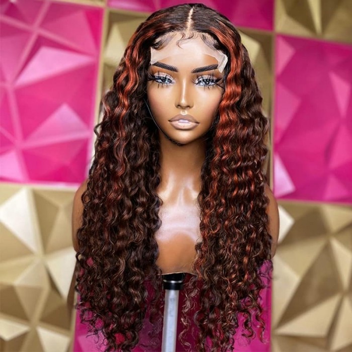Incolorwig Deep Wave Human Hair Wig 13x4 Lace Front Wig Ginger Highlight Ombre Color 150% Density With Baby Hair