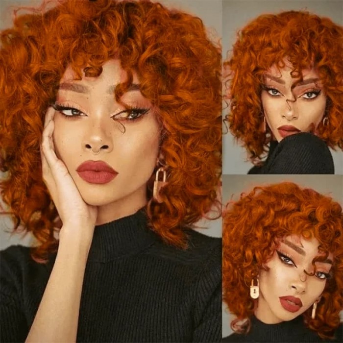 Incolorwig Colored Wig Short Pix Cut Bob Wigs Ginger Orange Bouncy Curly Wigs With Bangs