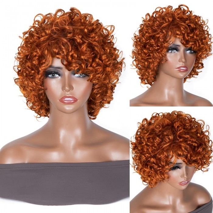 Incolorwig Colored Wig Short Pix Cut Bob Wigs Ginger Orange Bouncy Curly Wigs With Bangs