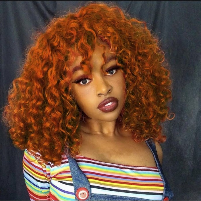 Incolorwig Colored Wig Short Pix Cut Bob Wigs Ginger Orange Bouncy Curly Wigs With Bangs