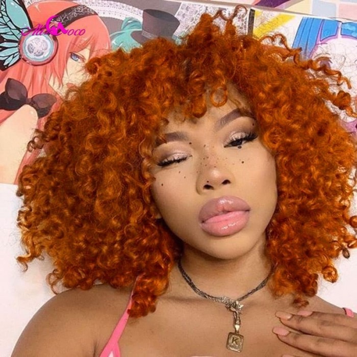 Incolorwig Colored Wig Short Pix Cut Bob Wigs Ginger Orange Bouncy Curly Wigs With Bangs
