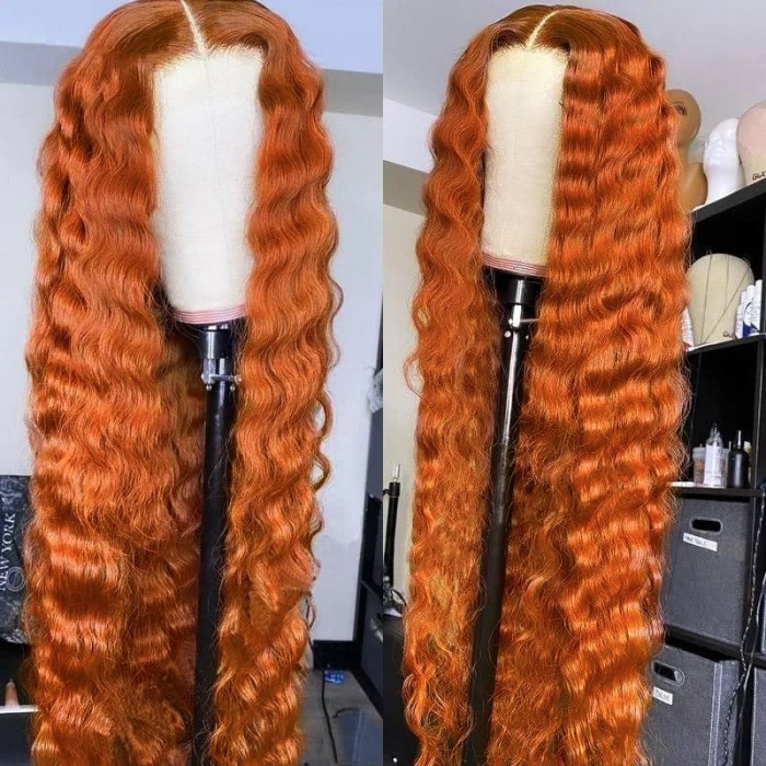 Incolorwig Ginger Orange Human Hair Water Wave Wigs Wet And Wavy Curly Hair T Part Lace Wigs