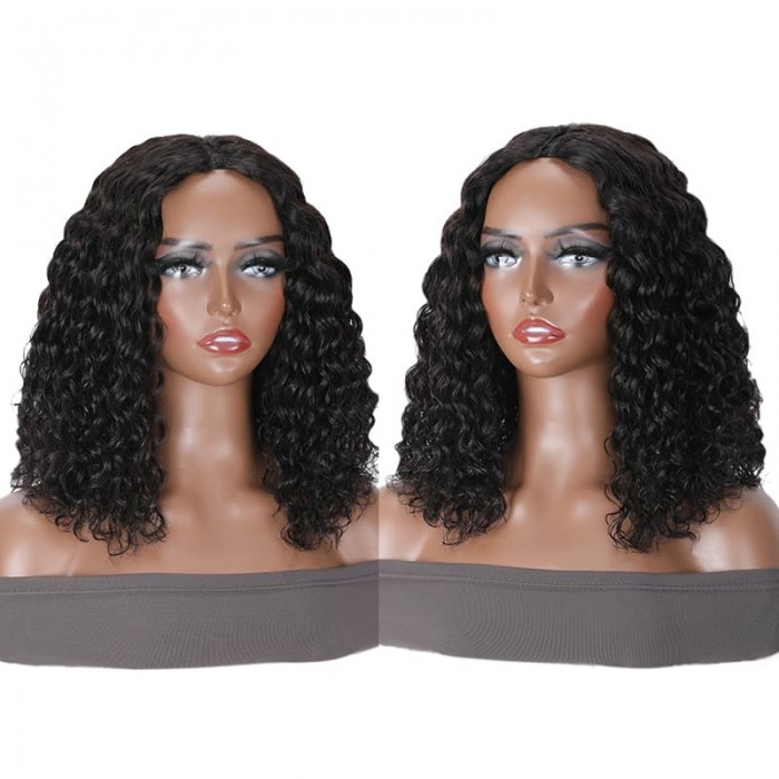 Incolorwig Glueless Water Wave Bob Wigs Beginner Friendly Natural Black Human Hair V Part Wigs