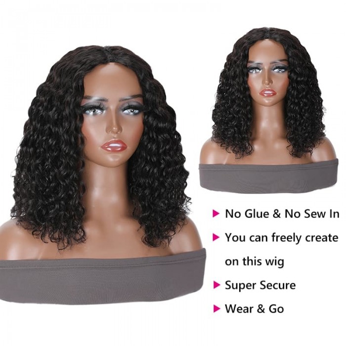 Incolorwig Glueless Water Wave Bob Wigs Beginner Friendly Natural Black Human Hair V Part Wigs