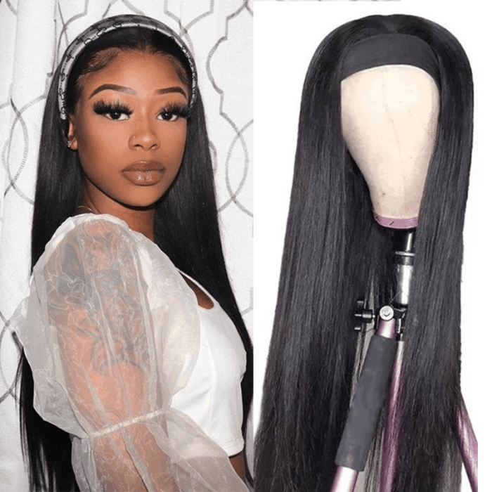 Incolorwig High Quality Human Straight Hair Wig 150% Density Natural Black Headband Wig