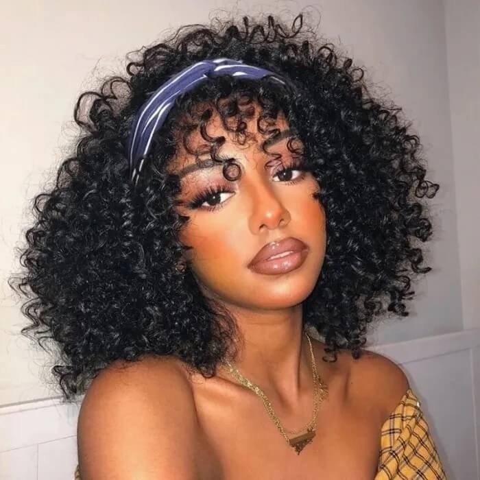 Incolorwig High Quality Jerry Curly Headband Wig With Bangs Natural Black 150% Density No Sew In